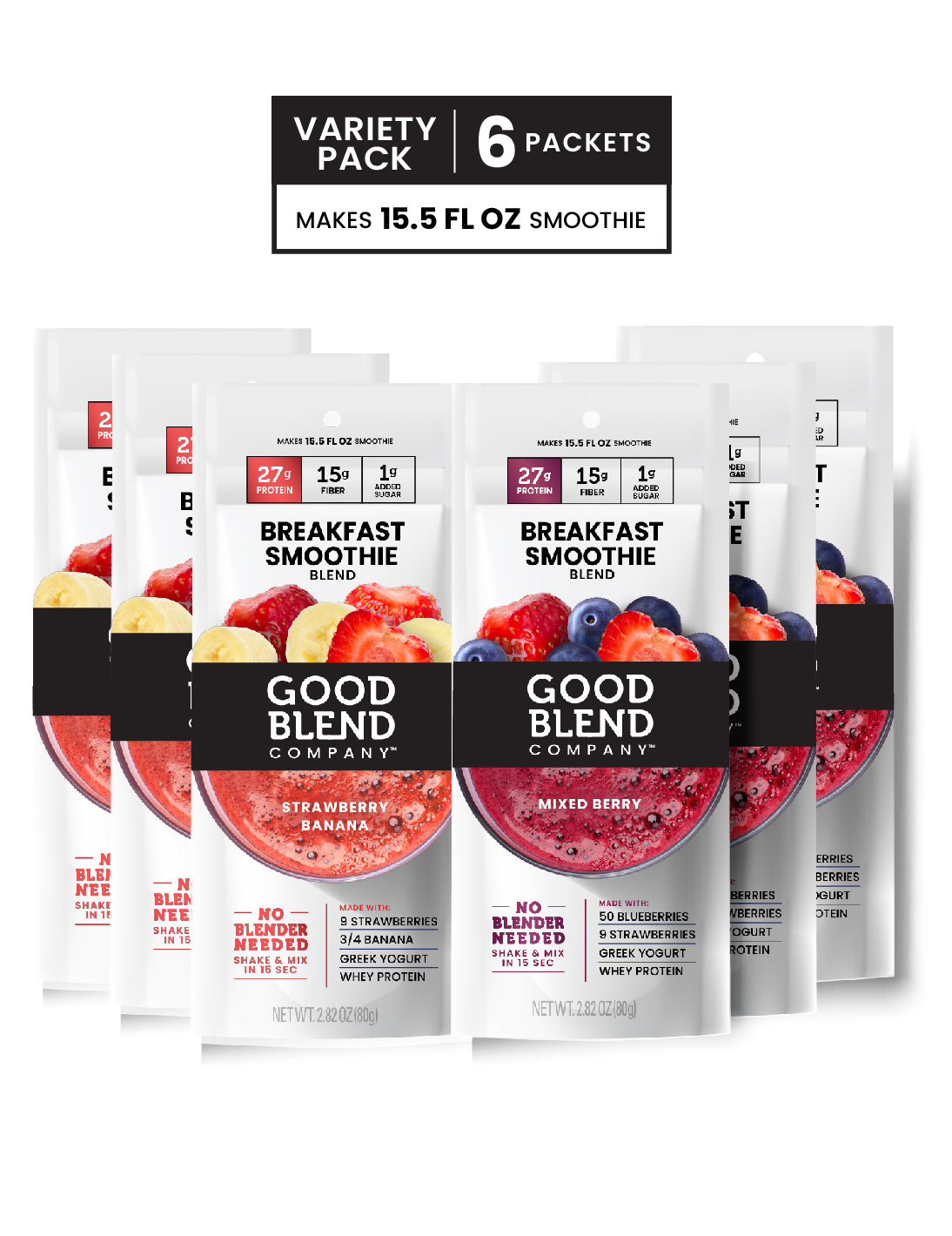 15.5oz Variety Pack | Multiple Packets: 3 Mixed Berry & 3 Strawberry Banana | Breakfast Protein Smoothie Blend | Meal Size | Makes 15.5 fl oz Smoothie