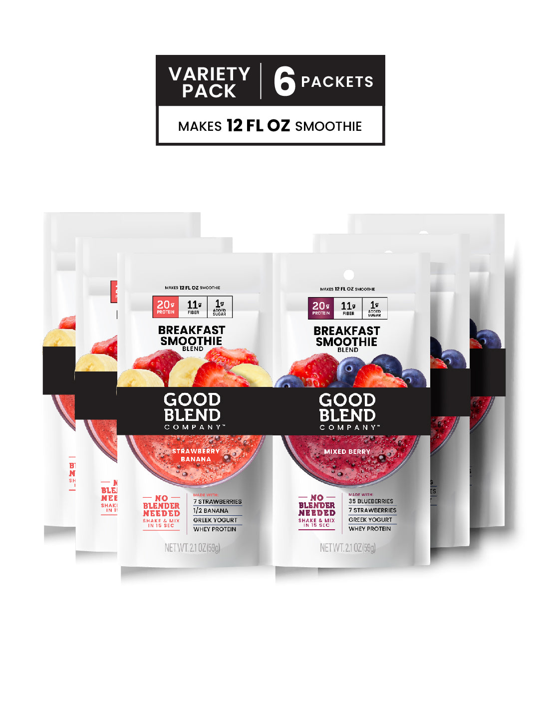 12oz Variety Pack | Multiple Packets: 3 Mixed Berry & 3 Strawberry Banana | Breakfast Protein Smoothie Blend | Snack Size | Makes 12 fl oz Smoothie